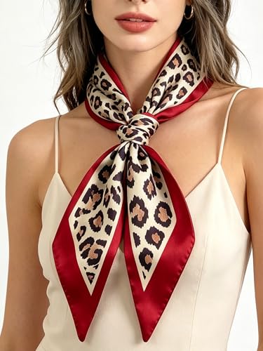 kcctoo 59" Mulberry Silk Like Head Scarf Women's Fashion Square Neck Satin Scarfs for Bag Hair Scarves Gift 59 * 5.9” - color: B007-leopard Rouge