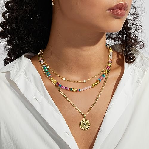 KissYan Boho Beaded Choker Necklace for Women, Gemstone Choker Natural Stone Freshwater Pearl Surfer Necklaces 14K Gold Plated Summer Beach Handmade Jewelry - color: C-Colorful