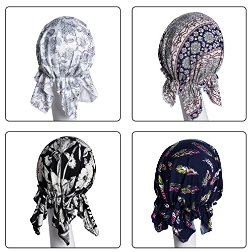 4pcs Pre-Tied Chemo Head Scarf Beanie Covers Cap Head Scarves Sleep Turban Hat Women Bandana with Stretch Print Ruffle - color: Multicolor