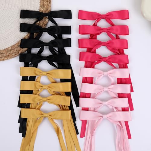 WORTL Hair Bows Clips Coquette Ribbon Bowknot with Long Tail Princess Hair Bows French Barrettes Hair Accessories for Women Girls 16PCS (Rose red, Pink, Yellow, Black) - color: Rose red, Pink, Yellow, Black