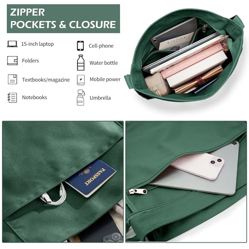 KALIDI Canvas Tote Bag Large Hobo Crossbody Shoulder Handbag Zipper Messenger Bag for Women or Men Casual College Work - color: Alpine Green