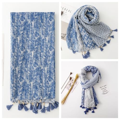WaJuemy Travel Boho Scarf for Women Casual Lightweight Pashmina Scarves Fashion Multicolor Shawl Wraps with Fringed Beads - color: 01 Navyblue