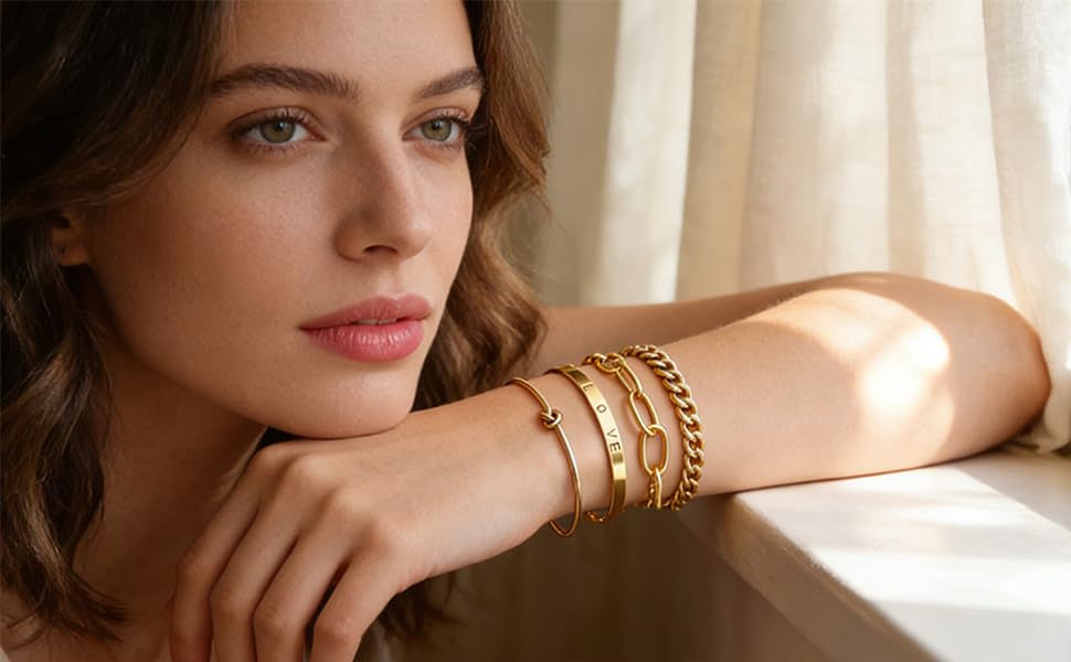 Alegend Titanium Steel (Not Rust, Resist Corruption, Easily Clean) 18K Gold Plated Single Bracelets + 14K Gold Plated Stackable Multilayer Bracelets - style: 14K Gold Plated Four-Layered A