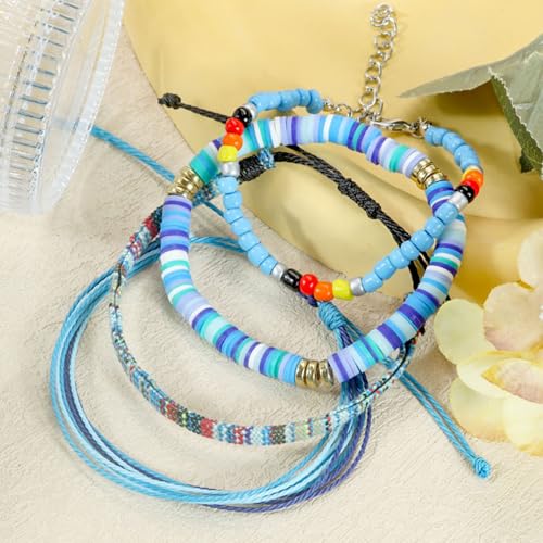 Beach Bracelet Set for Men and Women, Surfer Men Bracelet, Braided Boho Summer Bracelets Adjustable Men's Bracelet Handmade Women Bracelet String Rope Ankle Bracelets Birthday Gift - style: 4pcs Boho Bracelets Ankles Blue