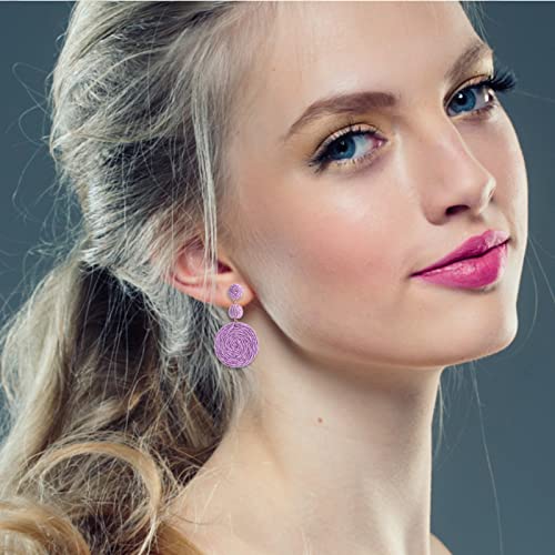 Boho Raffia Ball Earrings for Women, Handmade Statement Drop Earrings Straw Dangle Earrings Beach Vacation Jewelry - color: Purple