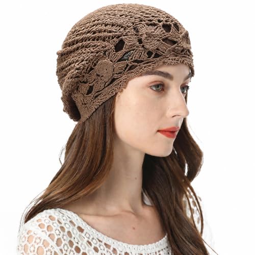 ZLYC Women Cotton Crochet Slouchy Beanie Hat Handmade Knit Summer Skull Cap - color: Flowers Light Brown