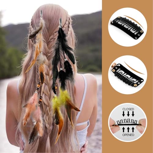 8Pcs Feather Hair Clips bohemian Hippie hair Extensions gypsy hair accessories Indian Tassel Feathers Beads for Festival Headwear Halloween Cosplay Carnival Party (Mix Colors)