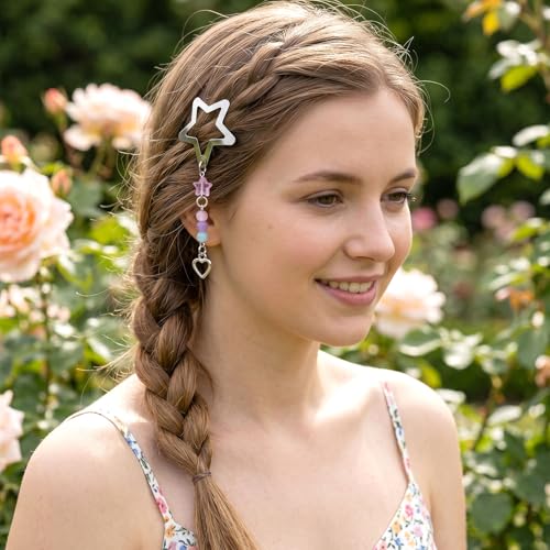 Pndeyo 2pcs Star Tassels Hair Clips for Women, Heart Non-Slip 2000s Y2k Snap Barrettes, Cute Star Beaded Pendant Pin Accessories for Braid Long Short Thin Thick Hair- Silver - color: Silver-B Style