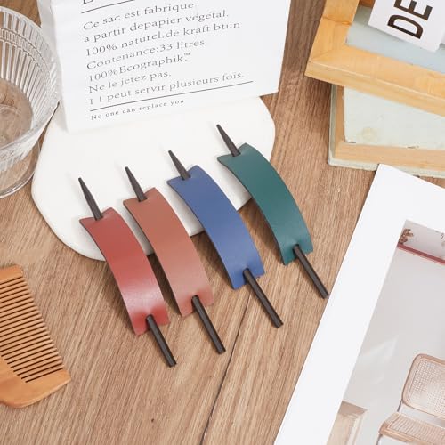 NICENEEDED 4PCS Leather Hair Clips, Faux Leather Hair Barrettes with Stick, Rectangle Shape Hair Slider Pin Stylish Bun Holder Hair Accessories for Women