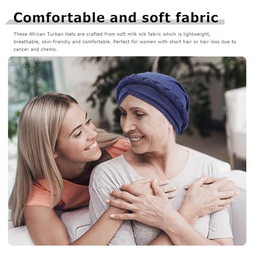 DRESHOW Turban Pre-Tied Twisted Hat Thread African Head Wraps for Black Women Chemo Cancer Cap Braid Hair Cover - color: 1 Pc Twisted Braid: Light Navy Blue