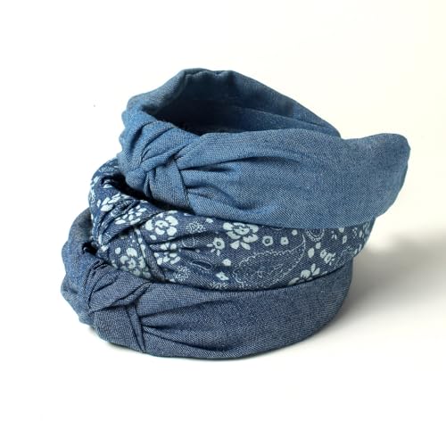 Cuizhiyu 3Pack Denim Knot Headband Knotted Wide Headband for Women,Blue Knot Headbands Non slip Hairbands Girls Fabric Head bands Hair Accessories