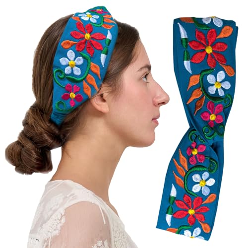 FANFAN Blue Floral Embroidered Boho Braided Elastic Headband Beach Wedding Party Hair Accessory E9 - color: Blue