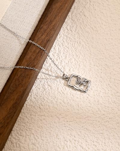 Dainty Silver Square Rose Necklace for Women Lightweight Flower Pendant Necklaces with Wavy Border Fashion Cute Floral Jewelry Gift