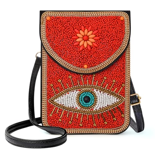Small Beaded Crossbody Bag for Women, Boho Cell Phone Shoulder Purse Wallet with Handcrafted Colorful Beads - color: Tree-2
