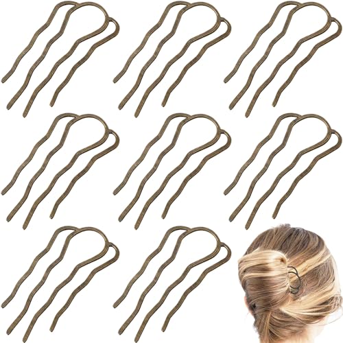 8 Pieces Hair Side Combs, Metal Hair Fork Clip Hair Pins for Buns 4 Prong Hair Updo U-Shape Hair Sticks for Women Hair Styling Tool Accessories (Bronze) - color: Bronze
