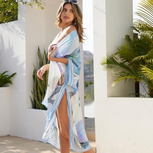 Kimonos for Women Casual Swimsuit Coverup Lightweight Boho Kimono Cardigans for Summer - color: Blue Big Leaves
