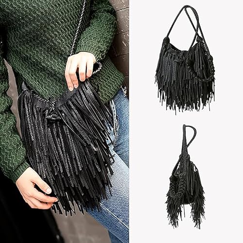 Tassel Shoulder Bag Vintage & Stylish Women PU Leather Bohemian Fringed Crossbody Shoulder Hobo Fringe bag - color: Black-7.5x6.7in