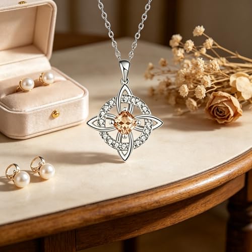 Mystical Birthstone Witches Knot Necklace – Natural Crystal Celtic Pendant, Wiccan Pagan Jewelry Gift for Women - color: March