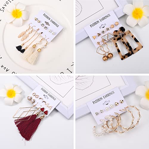 53 Pairs Earrings Set for Women, Fashion Acrylic Tassel Gold Hoop Earrings Multipack Statement Pearl Earring Stud Pack, Hypoallergenic Drop Dangle Earrings for Valentine's Day Gift