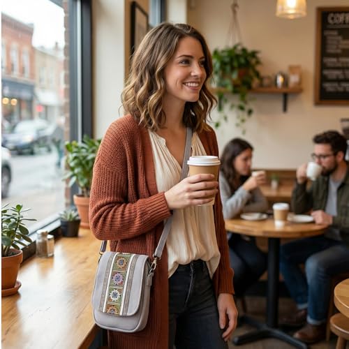Goodhan Embroidery Canvas Crossbody Bag Cell phone Pouch Coin Purse for Women - color: Light Grey