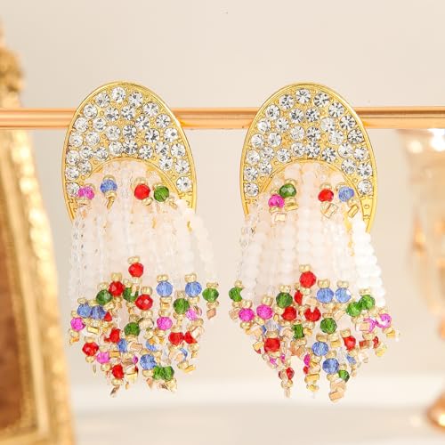 Crystal Beaded Tassel Drop Earrings, Rhinestone Gold Tone, Bohemian Dangle Statement Jewelry for Women
