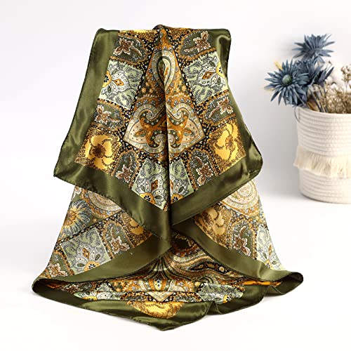 AWAYTR Satin Silk Scarf - Large Hair Bandana, Sleeping Wrap for Women - color: Cashew(deep Green)