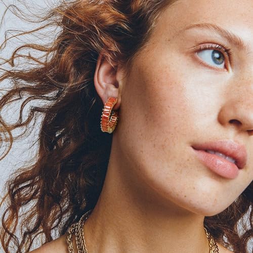Trendy 14K Gold Plated Hoop Earrings for Women, Chunky Gold/Silver Earrings for Women Cubic Zirconia Baguette Hoop Earrings Heart Hoops Lightweight Hypoallergenic Jewelry,25mm/35mm/40mm/50mm - color: 01 Gold Orange Hoops 25mm