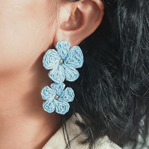 Boho Flower Earrings Statement Raffia Dangle Earrings Cute Floral Jewelry Trendy Summer Beach Vacation Outfits for Women - color: Blue