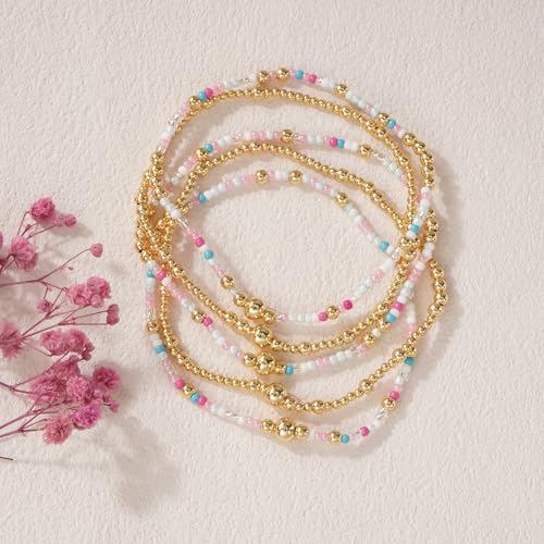 14K Gold Plated Beaded Bracelets Stack Set for Women,Stretch Boho Colorful Beads Ball Jewelry Friendship Summer Trendy - color: Pink ball