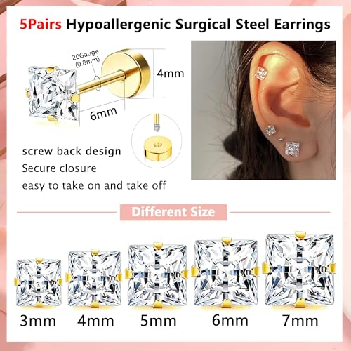 20G Hypoallergenic Surgical Steel Square Pearl Ball CZ Flat Back Stud Earrings for Sensitive Ear, Lightweight Shiny Earrings Studs for Helix Tragus Cartilage Multiple Piercing - color: Gold-B