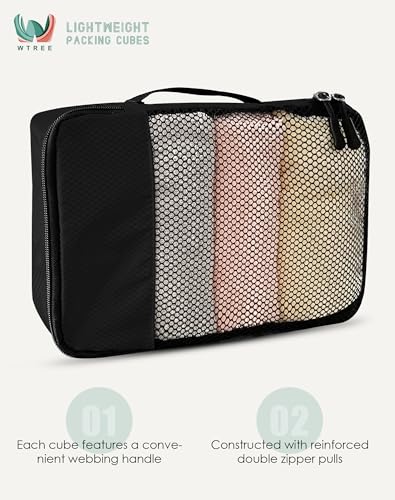 WTREE 4-Piece Packing Cubes Travel Accessories Set for Suitcases - Luggage Organizer Bags with Double Zipper - Mesh Top - Small/Medium/Large/Slim - Black - color: Black, size: Slim, Small, Medium, Large