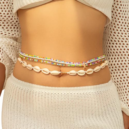 Summer Beach Coloful Beads Waist Chain Jewelry Sets Multi-layered Beaded Belly Chain Sexy Bikini Sexy Shell Waist Body Chain Beads Body Accessories for Wome - style: Green