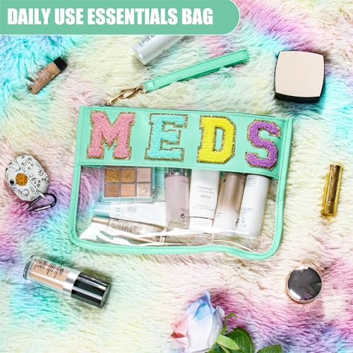 BuyCard Chenille Letter Clear Medicine Bags, Makeup Meds Bags, Preppy Patch Cosmetic Bag with Zipper and Wristlet, Waterproof PU&PVC Toiletry Medicine Storage Case, Portable Travel Drugs Pills Pouch - color: Green-Meds