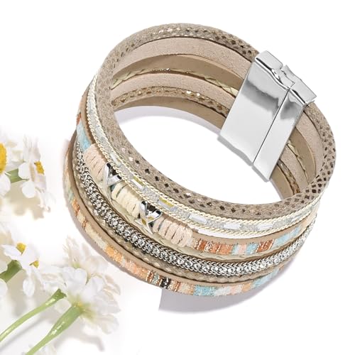 VIBILIA Boho Leather Wrap Bracelets for Women Multi-Layer Bracelets with Strong Clasp Jewelry for Women - color: 02-XxMilletBead-Khaki