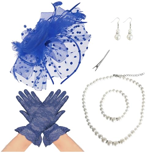 Fascinators Hat Pearl Earrings Necklace Bracelets Gloves 1920s Headband Hair Clips Women Flower Mesh Feather Headpiece Headwear Halloween Carnival Cocktail Wedding Tea Party Accessories Blue - color: Blue