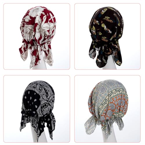 4pcs Pre-Tied Chemo Head Scarf Beanie Covers Cap Head Scarves Sleep Turban Hat Women Bandana with Stretch Print Ruffle - color: Multicolor-1