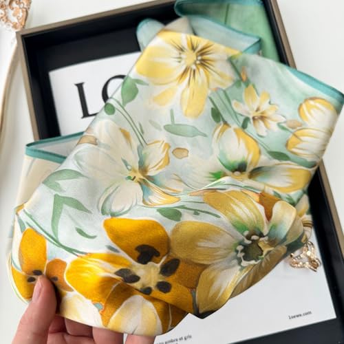 MEISEE 100% Pure Mulberry Silk Scarf 21" Square Scarf Neckerchief Headscarf Breathable Lightweight for Women Gift Packed - color: M3 Yellow Green Flower