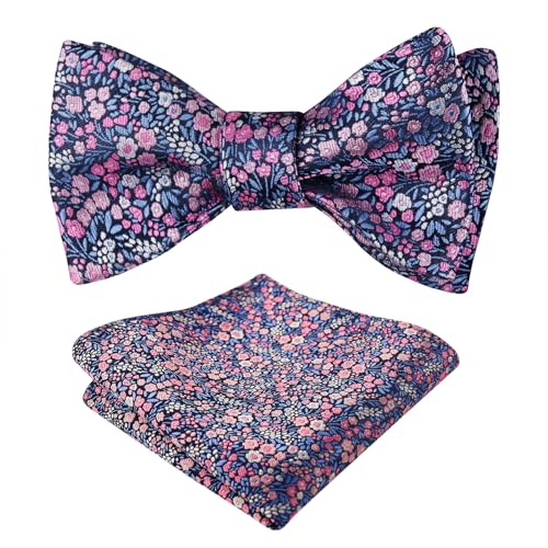 Alizeal Mens 2pcs Classic Floral Pattern Self-tied Bow Tie and Handkerchief Set - color: 045-navy/ Blue/ Pink