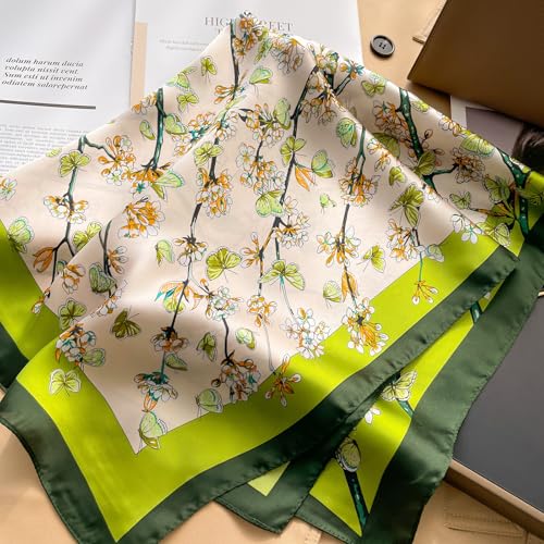 Sumolux Head Hair Scarf for Women Like Satin Silk Scarf Bandana Hair Wrapping Night Large Square Scarves 27.5" - color: Green Butterfly Flower