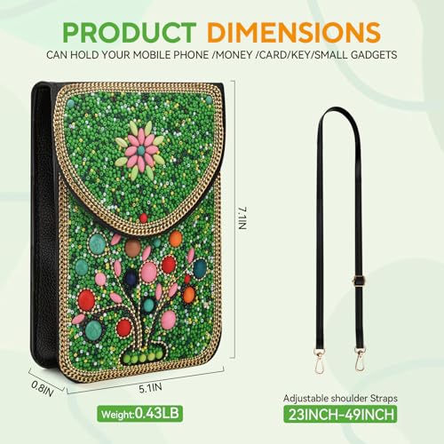 Small Beaded Crossbody Bag for Women, Boho Cell Phone Shoulder Purse Wallet with Handcrafted Colorful Beads - color: Tree-green