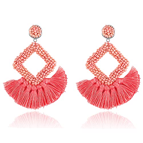 Long Tassel Earrings Statement Bohemian Pom Ball Handmade Drop Dangle Earrings for Women - style: S-Pink
