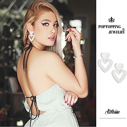 Double Heart Earrings Dangling Heart Drop Earrings For Women Love Heart Dangle Earrings Birthday Gift - color: White