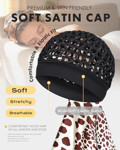 Wrap Cap Hair Net and Scarf for Silk Press, 2 in 1 Satin Satin Scarf with Headband Hair Net - color: Pink Leopard
