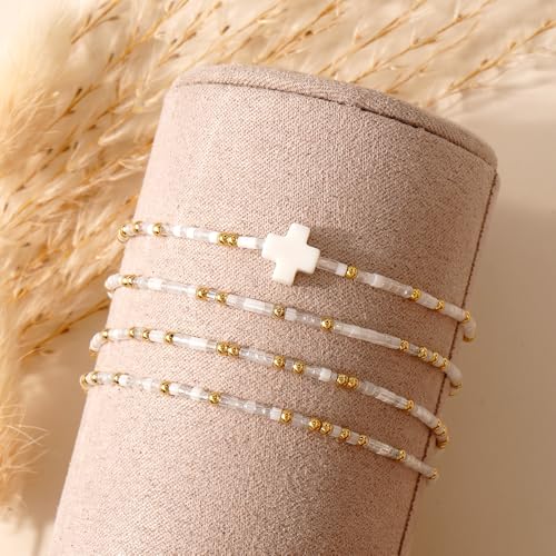 Gold Colorful Beaded Cross Bracelet Stack Set for Women,Handmade Bohemian Seed Beads Stacked Bracelets Fashion Holiday Jewelry Gift - color: White