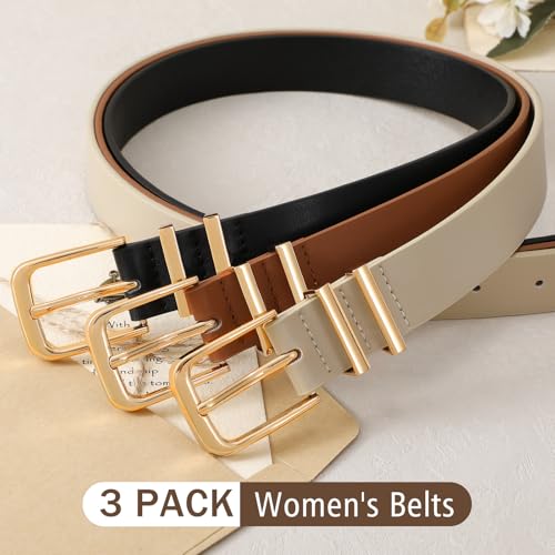 3 Pack Women's Belts for Jeans Pants Dresses Fashion Ladies Leather Waist Belt with Buckle Leather Belts - color: Black+beige+brown(gold), size: Fit Waist Size 37-41in