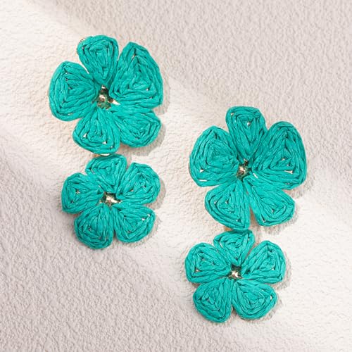Boho Flower Earrings Statement Raffia Dangle Earrings Cute Floral Jewelry Trendy Summer Beach Vacation Outfits for Women - color: Teal