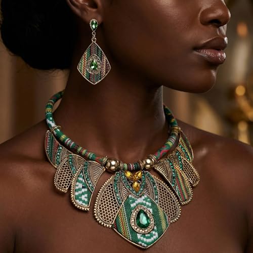 African Tribal Jewelry Set for Women - 2pcs Chunky Colorful Boho Vintage Statement Necklace Earrings Bib Choker Festival Costume Ethnic Accessories - style: Green Style
