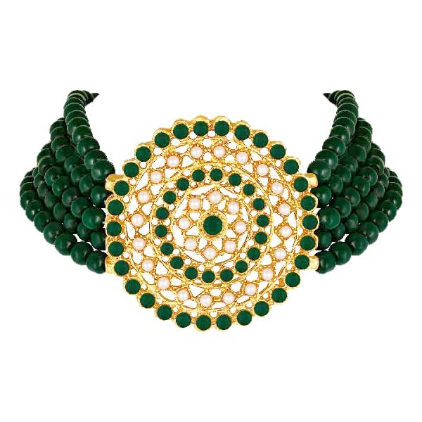 Aheli Pearl Diamond Choker Necklace & Round Earrings Gift for Women Indian Traditional Bollywood Fashion Bharatanatyam jewellery set - color: Green 1