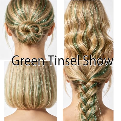 Celinebella Glitter Lime Hair Tinsel, 1250 Strands Light Green Shimmer | Bright light green lime shade, diamond-like sparkle, heat resistant, ideal for St. Patricks Day cosplay themed parties - color: 10-Glitter Lime, size: 48 Inch Pack of 5Pcs