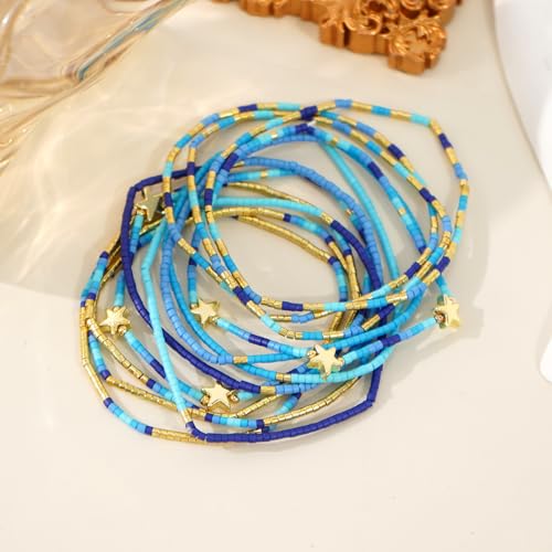 Dainty Gold Beaded Star Bracelets Stack for Women,Handmade Boho Colorful Beads Bracelet Fashion Prom Holiday Jewelry Gift Friendship Family - color: Blue